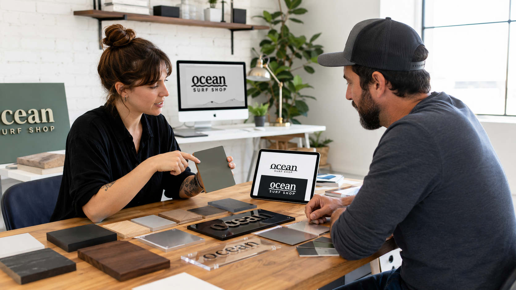 Designer showing sign material samples to client